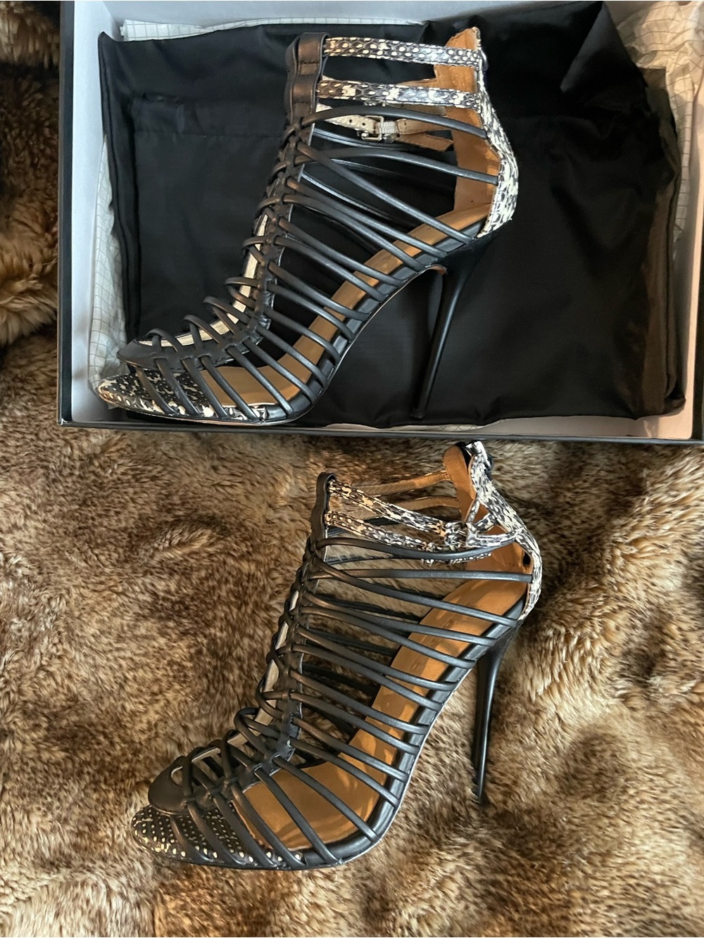 L.A.M.B. Black/Snake print stiletto cage style heels; 7; leather - Picture 3 of 8